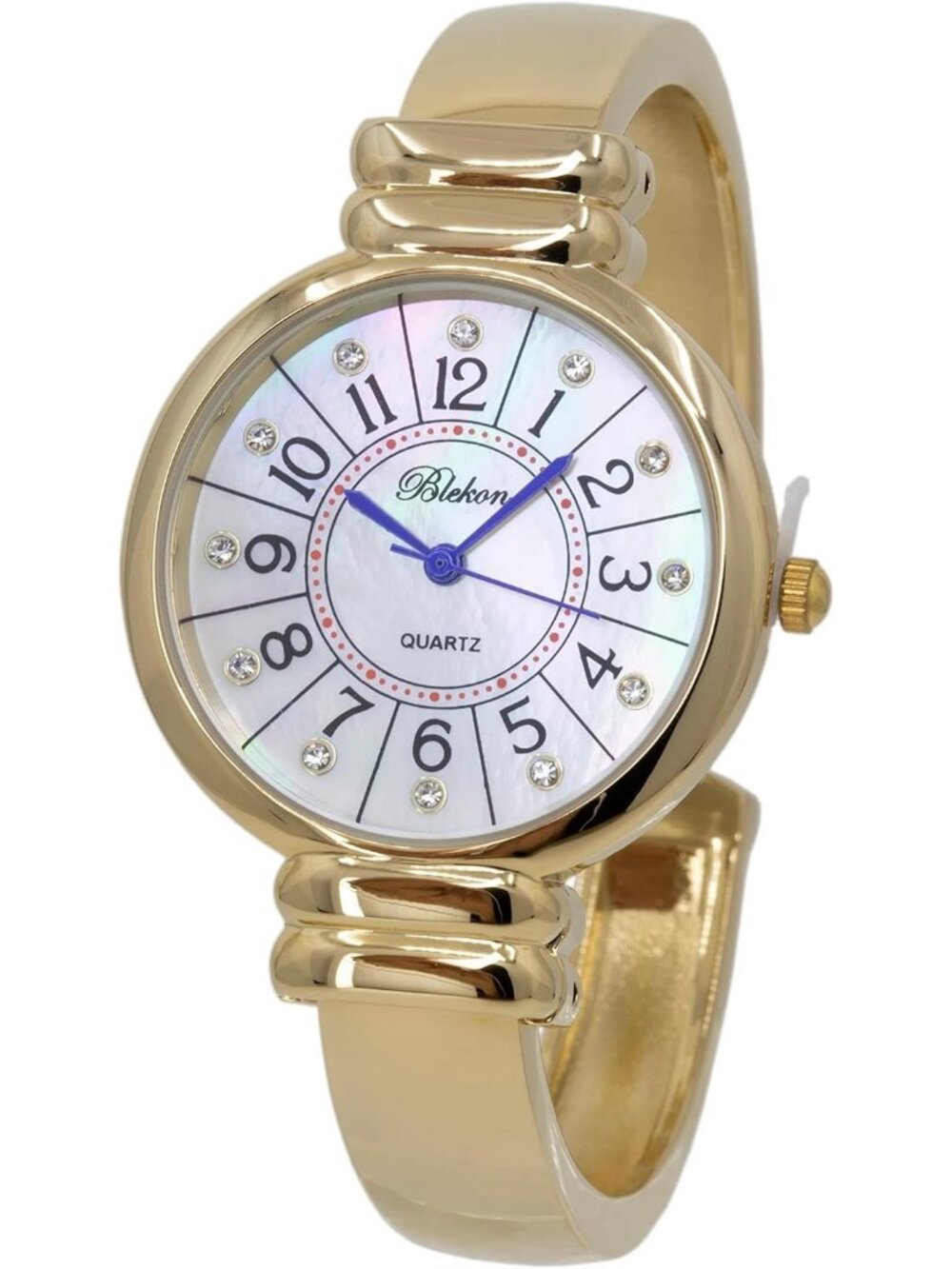 Women's Gold And Blue Hands Analog Quartz Metal hinged Pearl Cuff Bracelet Watch